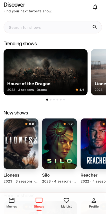 Watch Time Discover screen showing trending and new shows